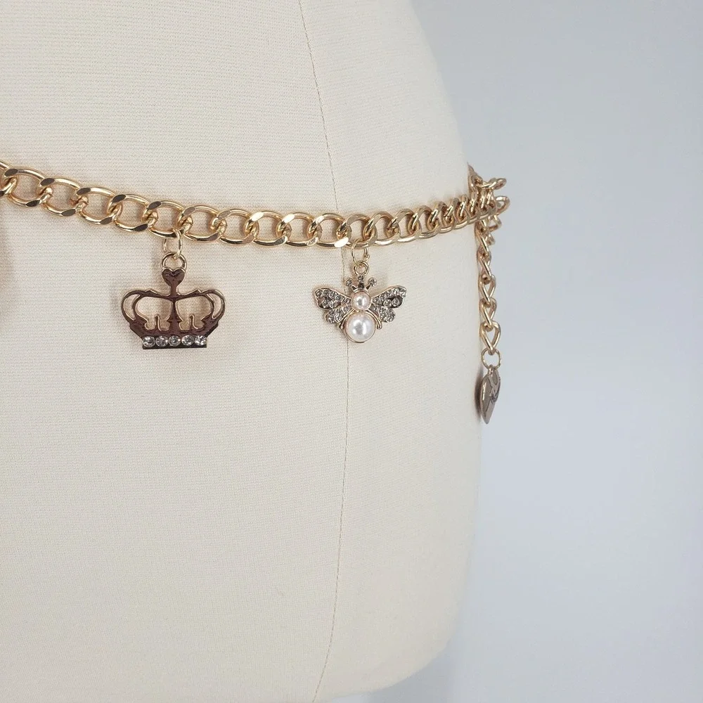 Juicy Couture Charm Chain Belt Women 1X Gold Pink Heart Crown Bee Y2K Rhinestone